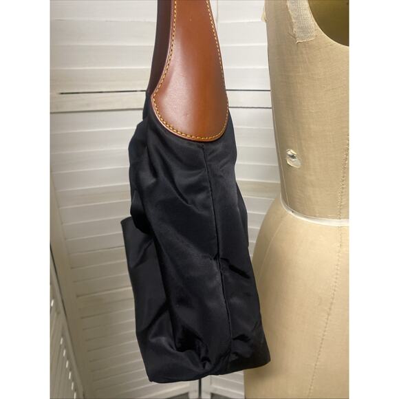 Dooney & Bourke Slouchy Hobo Bag, Logo Lock. Black Nylon, Brown Leather Trim - Picture 6 of 11